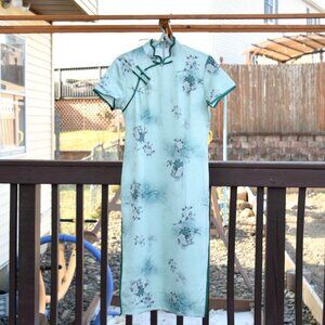 Green Flora Patterned Qipao Midi Dress SZ XS - Chinese Traditional Cheongsam